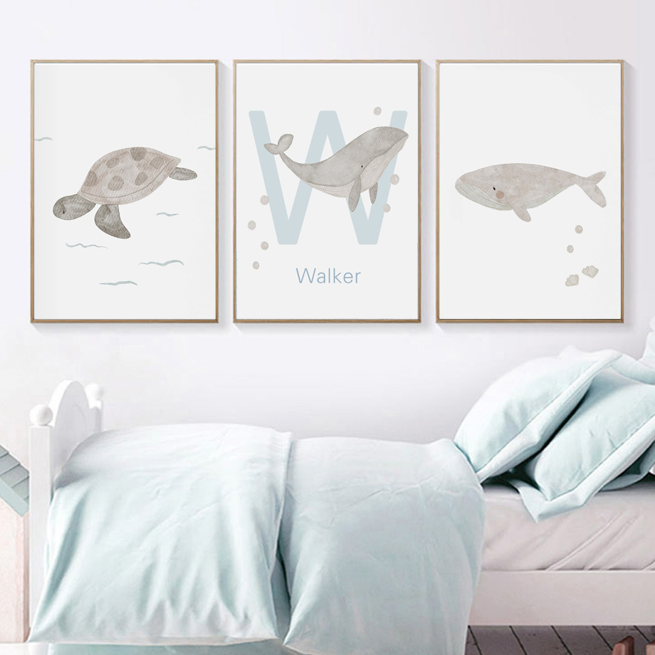 Peinture sur toile personnalisée avec nom, cygnes, poulpe, requin, tortue, dessin animé, Art mural, affiches et imprimés pour enfants, décor de chambre pour bébés et enfants n° 3