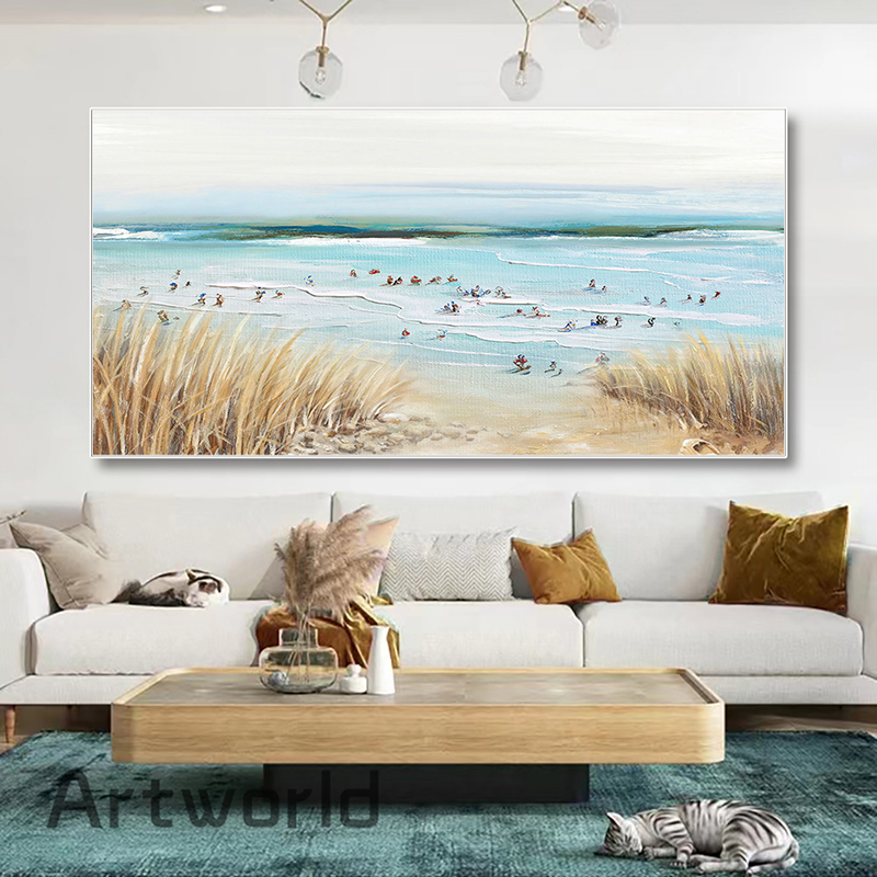 Affiches et impressions sur toile d'art abstrait moderne, personnes sur la plage, océan, vagues, peinture de paysage, décoration de chambre, gestion murale n° 1