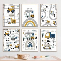 Affiche Murale de Dessin Animé Grue Ebtractor Camion, Peinture sur Toile, Impression Murale Nordique, Décor de Chambre d'Enfant, Garçons small picture n° 4