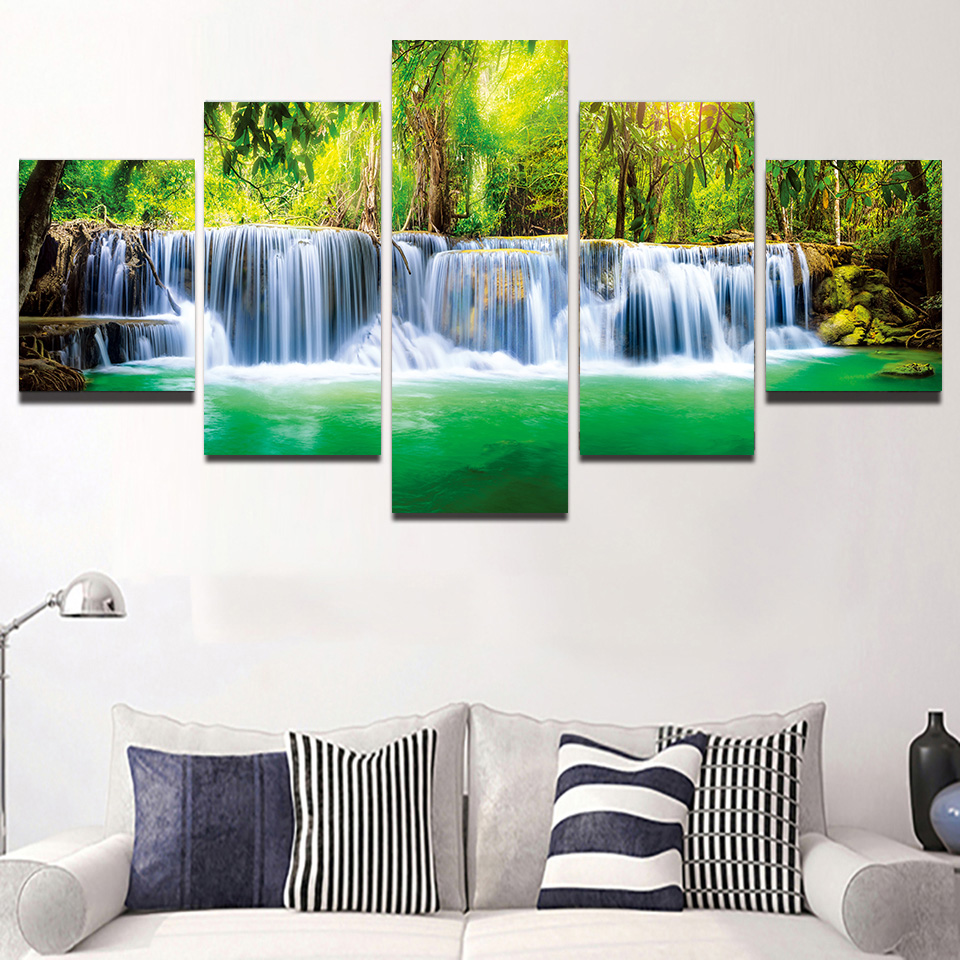 Peinture sur toile de paysage naturel, cascade, arbre vert, lac, cuir chevelu, affiches et impressions, art mural, décoration d'intérieur, sans cadre, 5 pièces n° 2