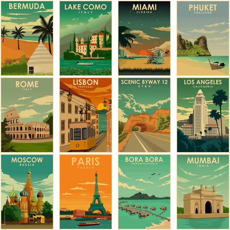 Affiches Vintage de Villes de Voyage en Papier Kraft, Impression HD, Art du Paysage, Coutumes Modernes, Décoration de Maison, Chambre, Cadeau Mural NikDécoratif n° 1