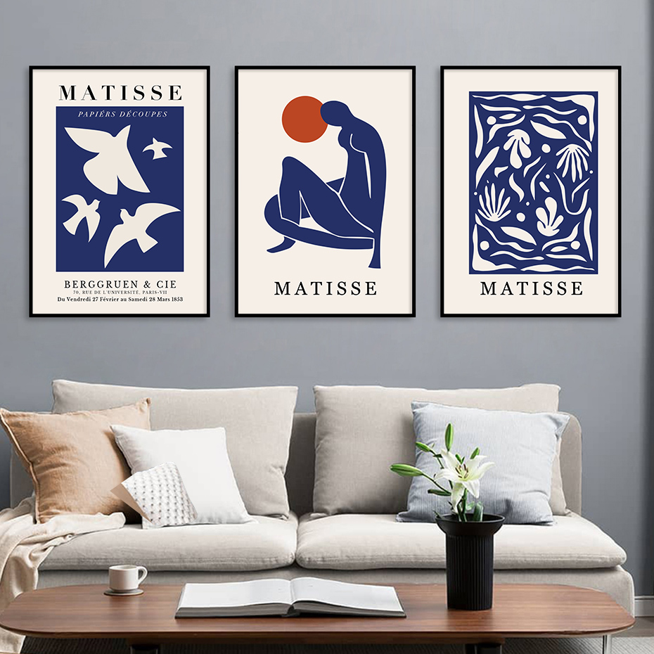 Affiches de peinture sur toile de Matisse, ligne florale abstraite bleue, image imprimée d'art mural, photo pour chambre à coucher, décoration intérieure de la maison, exposition n° 4