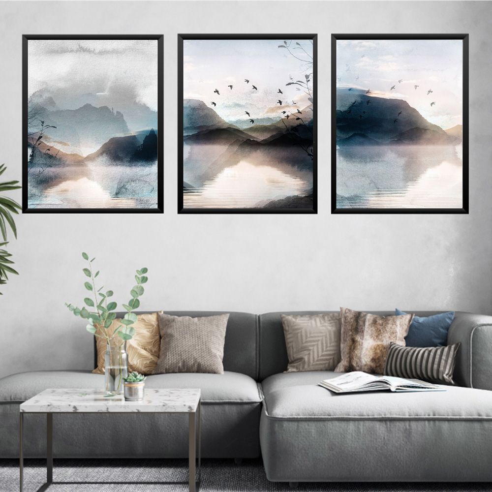 Ensemble de 3 affiches imprimées de paysage abstrait, toile d'art mural, aquarelle, bleu, gris, montagne, image d'oiseaux pour chambre à coucher, décoration d'intérieur n° 2