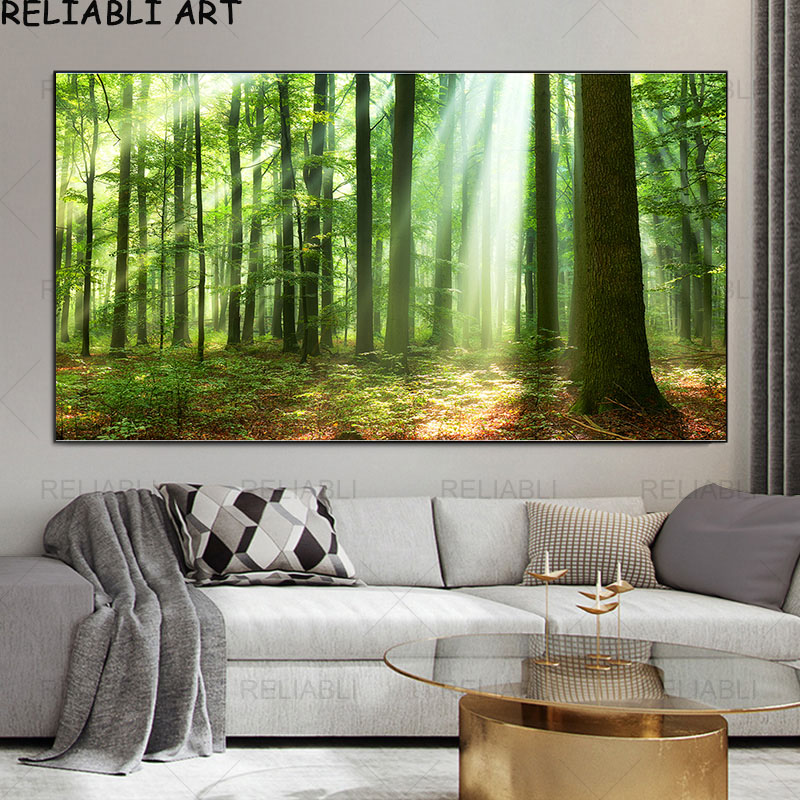 Affiches et impressions de paysage naturel d'arbre vert de forêt, peinture sur toile moderne, image d'art de mur pour le salon, décor à la maison n° 2