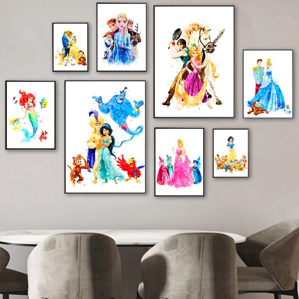 Peinture sur toile de dessin animé Disney, affiches de princesse, reine des neiges, la belle et la bête, impressions d'art mural, photo pour décor de salon n° 2