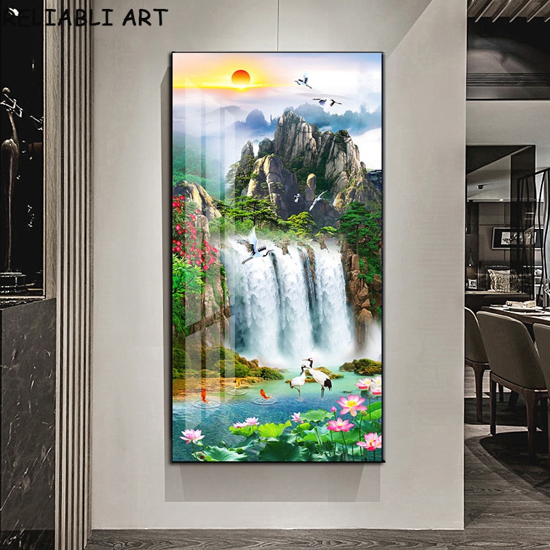 Nature Paysage Affiches et Gravures Moderne Cascade Arbre Lotus Image Toile Peinture Mur Art pour Salon Décoration de La Maison n° 5