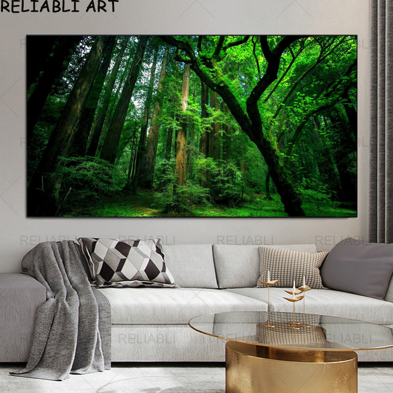 Affiches et impressions de paysage naturel d'arbre vert de forêt, peinture sur toile moderne, image d'art de mur pour le salon, décor à la maison n° 1