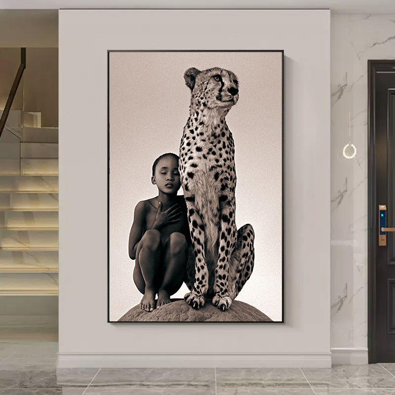 Peinture sur toile avec animaux sauvages africains, garçon et guépard, affiches et impressions modernes, art mural, image pour salon, décoration d'intérieur n° 2