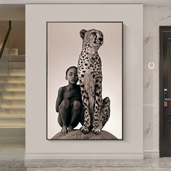 Peinture sur toile avec animaux sauvages africains, garçon et guépard, affiches et impressions modernes, art mural, image pour salon, décoration d'intérieur small picture n° 2