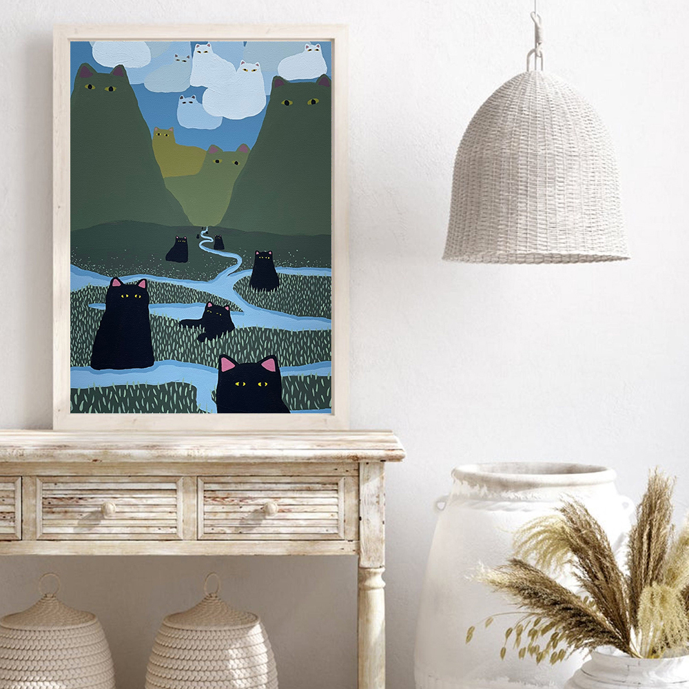 Affiche d'art mural de chat d'anime de bande dessinée vintage, impression d'ours noir et blanc, prairie, peinture sur toile, salon, chambre d'enfants, décor à la maison, mignon n° 4