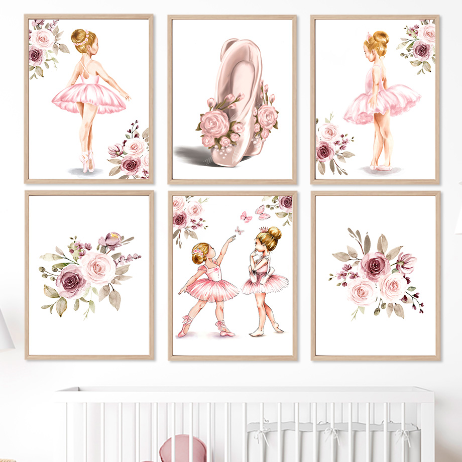 Toile d'art mural de Ballet pour fille, chaussures de danseuse de sœur, peinture de fleurs, affiches et imprimés nordiques, photos murales, décor de chambre de fille n° 1