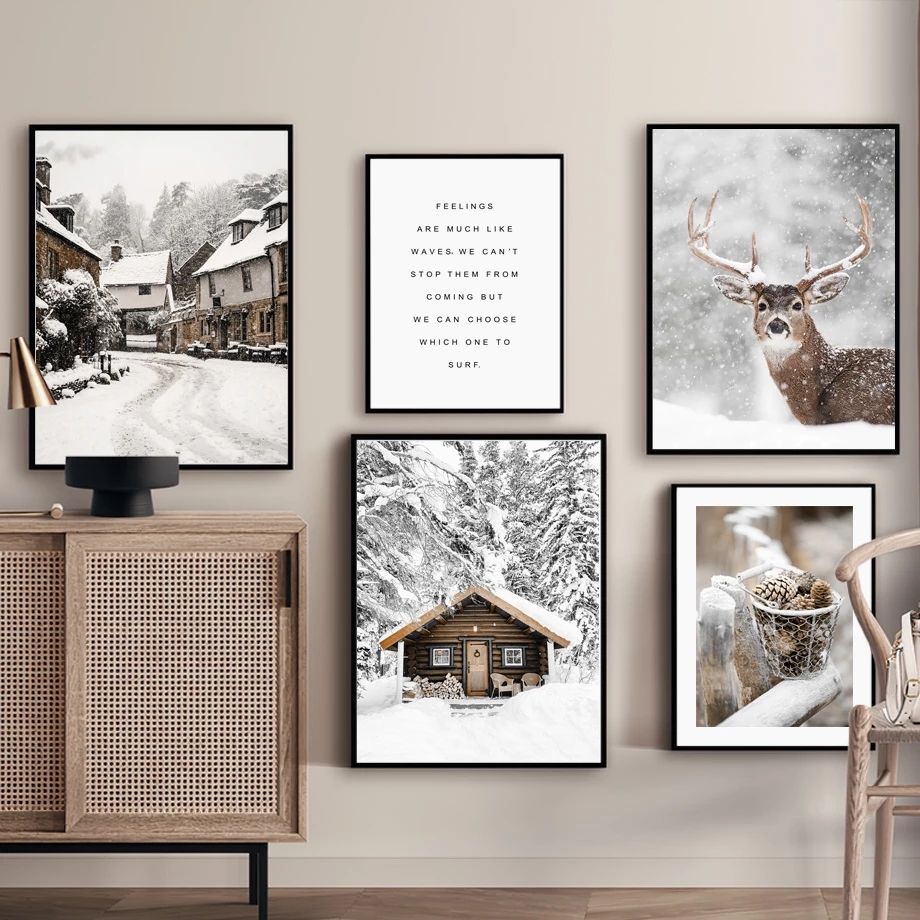 Peinture sur toile de paysage d'hiver pour la décoration intérieure, affiche et impression, art mural, moderne, blanc, neige, wapiti, bois, enrichi, salon n° 3