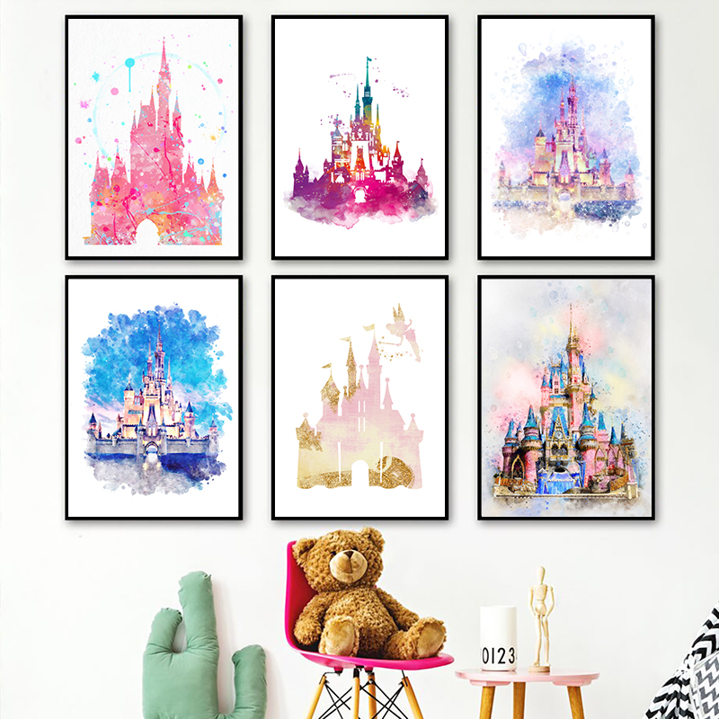 Disney Princess Castle Print Cartoon Poster, Magic Kingdom Art Canvas Painting, Baby Girls Room Wall Decor, Interconnexion n° 1