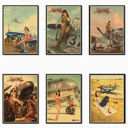 Affiche murale vintage Pin Up de la seconde guerre mondiale, fille de l'armée assise sur un avion, peinture en papier, pour salon et maison small picture n° 1