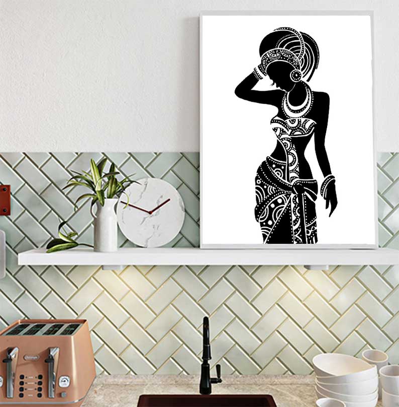 Belle femme africaine avec bébé pour chambre à coucher, art mural, peinture sur toile, image murale en noir et blanc, affiche imprimée, décoration d'intérieur n° 2