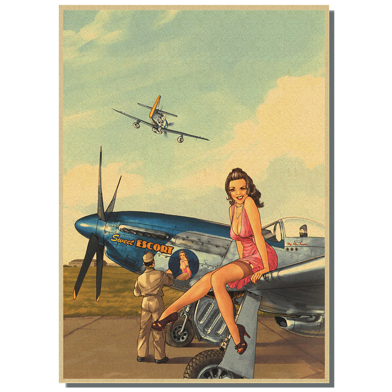 Affiche murale vintage Pin Up de la seconde guerre mondiale, fille de l'armée assise sur un avion, peinture en papier, pour salon et maison n° 2