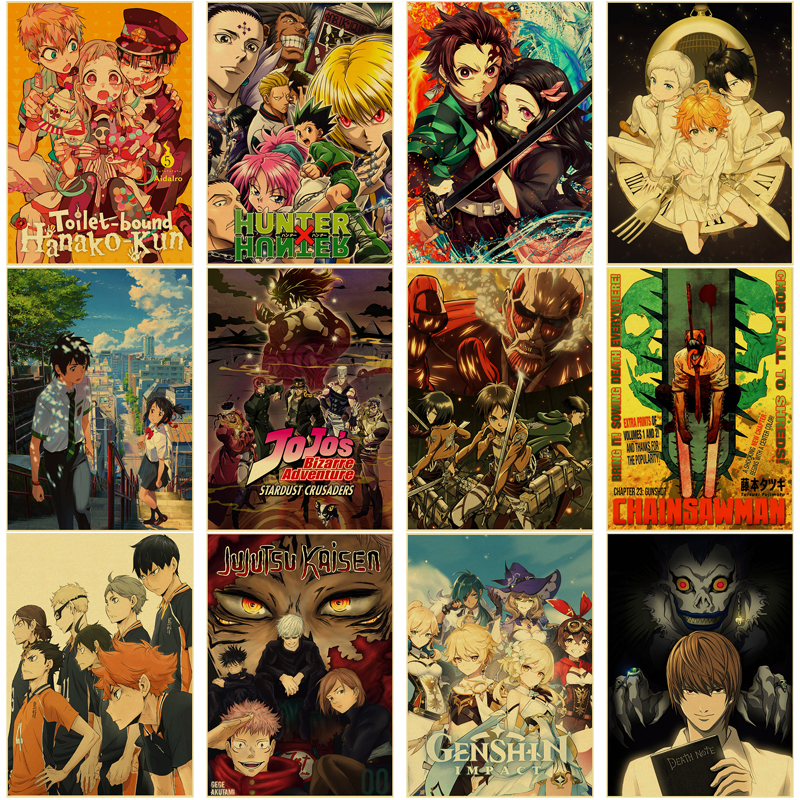 Affiche de collection d'anime classique, Genshin Impact, Death Note, Chainsaw Man, Chain JO Prhonneur, Vintage Room Home Decor Art Wall Painting n° 1