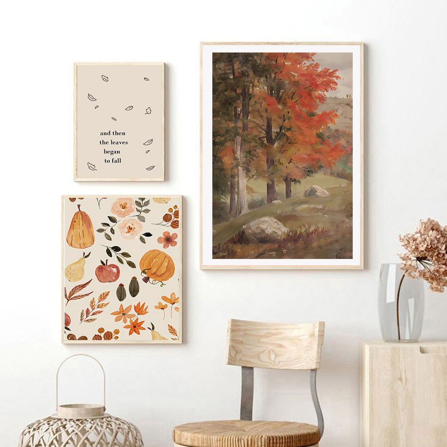 Affiche de paysage de main abstraite, citations de feuilles de Aliments d'automne, impressions d'art mural de galerie, peinture sur toile, décor de salon n° 4