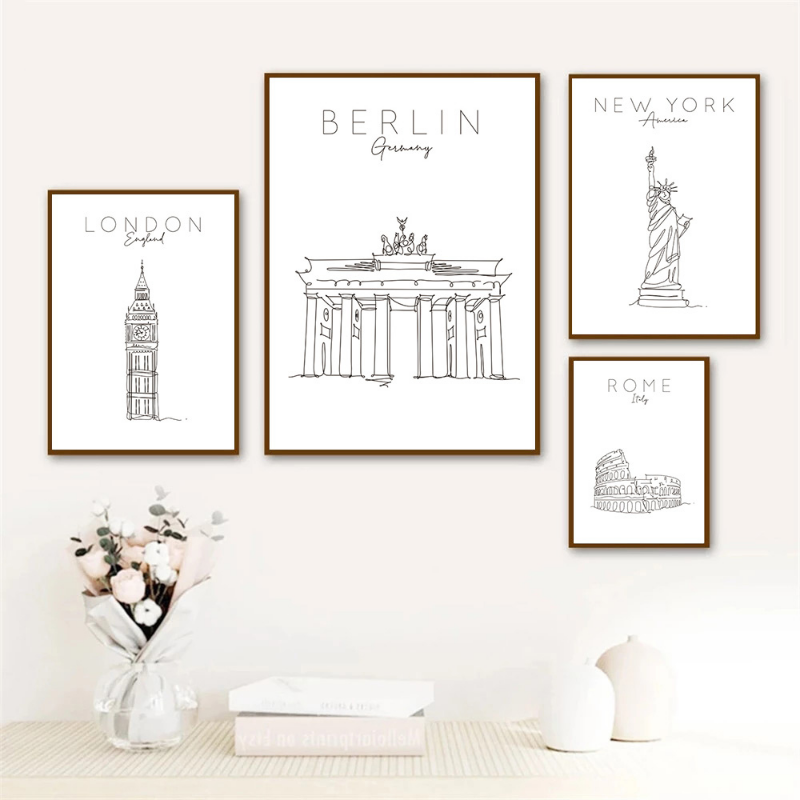 World City London New York Paris Line Drawing Poster, Nordic Art Print, Black White Painting Canvas, Minimalist Picture, Home Decor n° 3