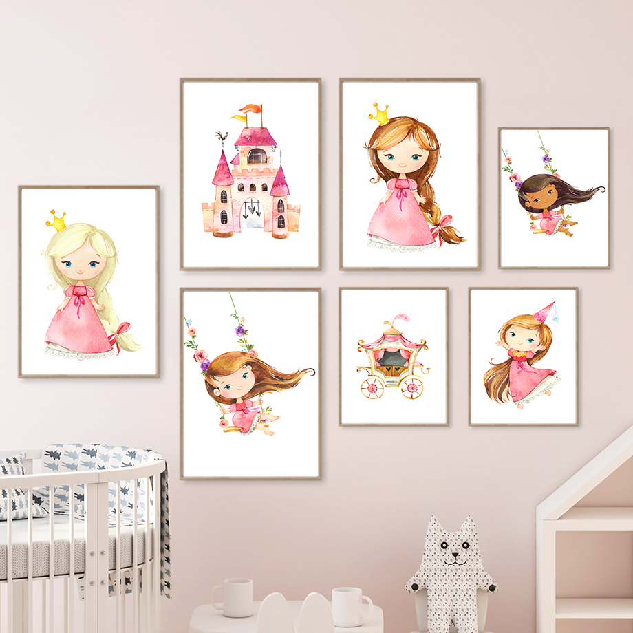 Affiches et Imprimés Nordiques de Dessin Animé, Bébé Fille, Princesse, Couronne, Château, Wing, Art Mural, Peinture sur Toile, Décor de Chambre d'Enfant n° 2