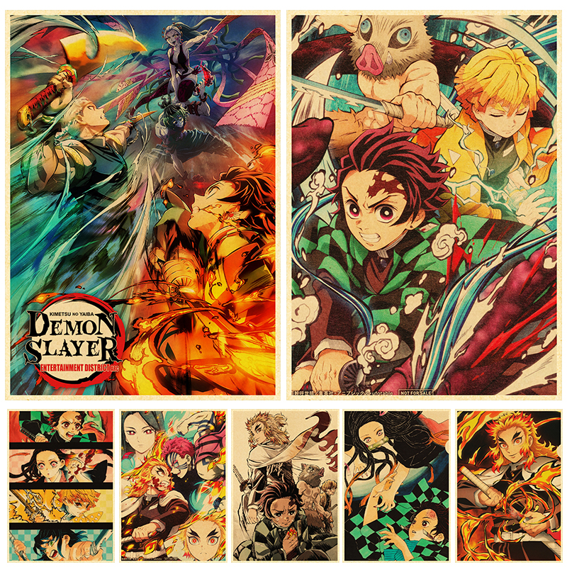 Affiche murale imprimée de Demon Slayer, affiches d'anime japonais, papier kraft vintage, maison, salon, autocollants muraux, peinture d'art, sans cadre n° 1