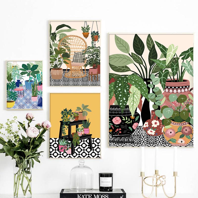 Affiche d'art de plantes de maison botanique de tuile grecque nordique, décor de feuilles vertes de Boho, image moderne d'art de mur, peinture de toile, décor à la maison n° 2