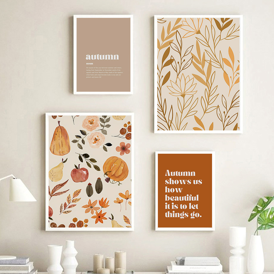 Affiche de paysage de main abstraite, citations de feuilles de Aliments d'automne, impressions d'art mural de galerie, peinture sur toile, décor de salon n° 3