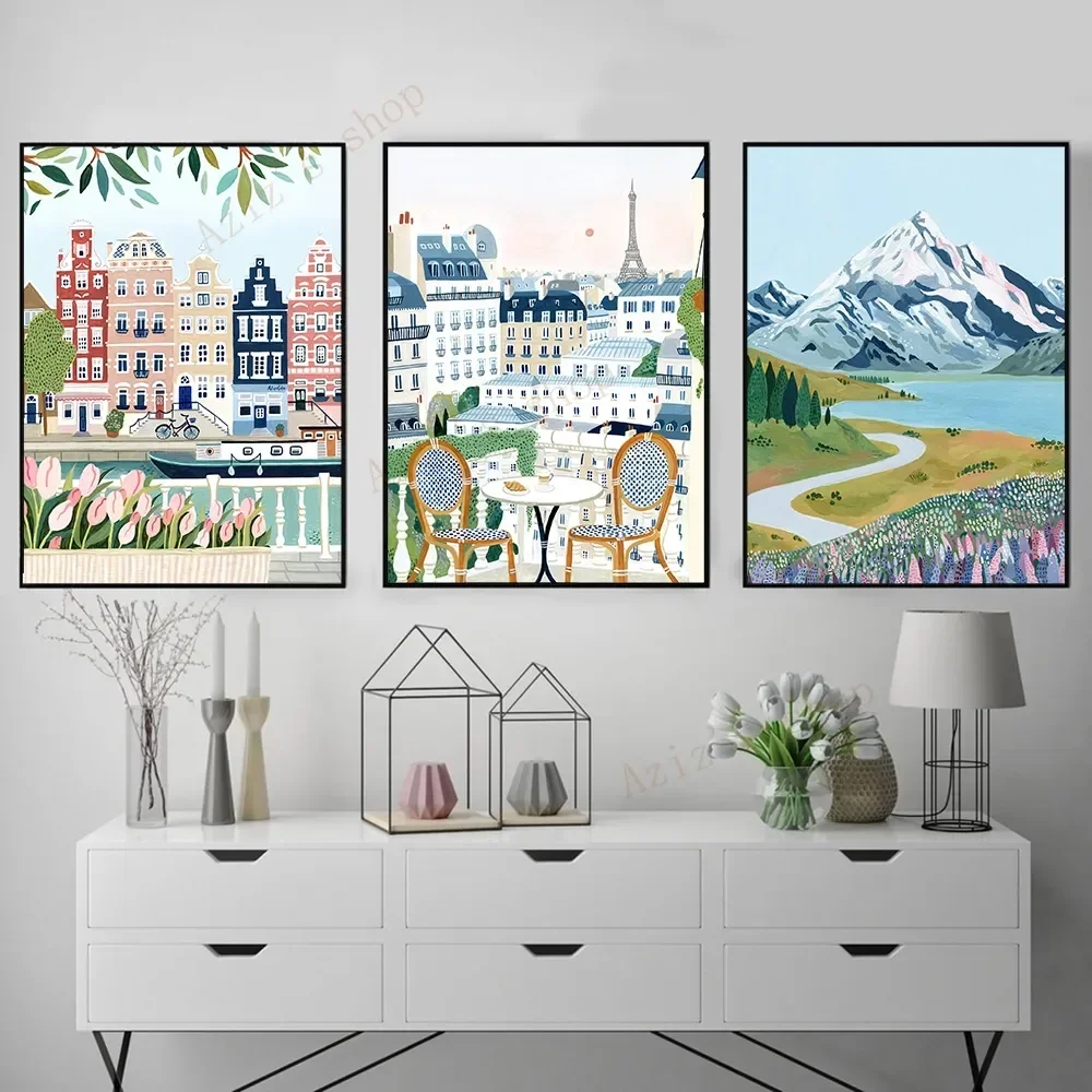 Affiche de voyage de ville de Florence, santorin, suisse, séville, art mural nordique, peinture sur toile, photo murale, salon, décoration d'intérieur n° 3