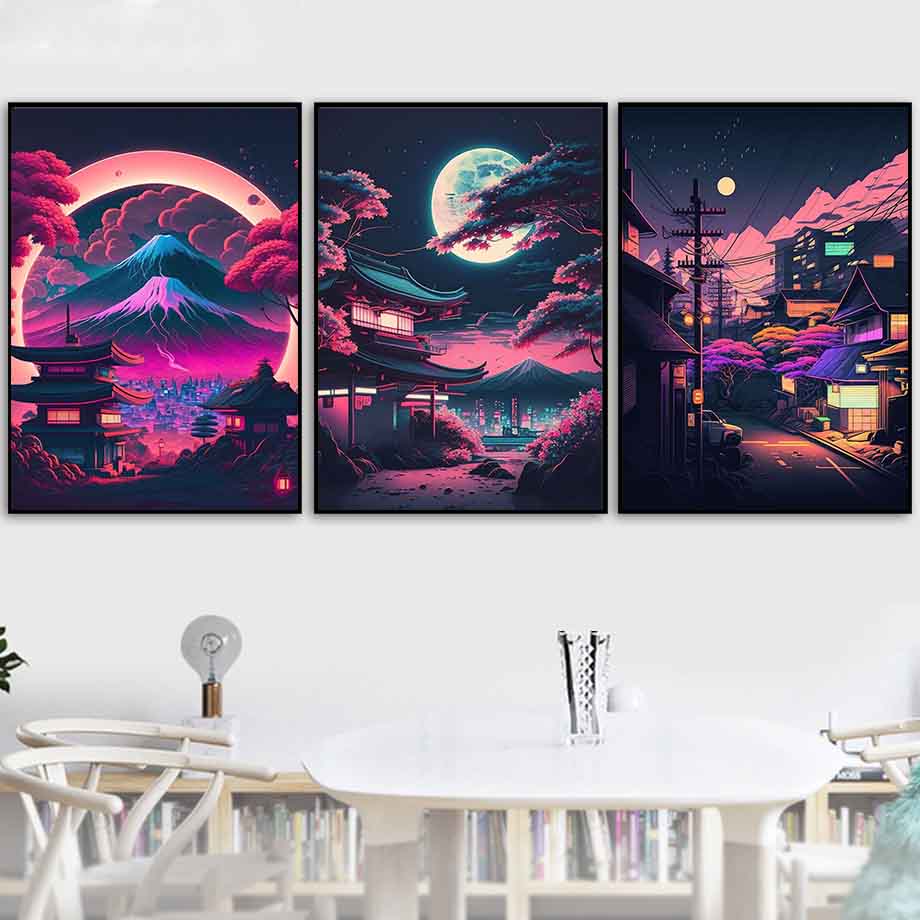 Pop Neon Vaporwave Japon TakCity Night Street Poster, Esthétique des années 80, Paysage Naturel, Arbre, Impression sur Toile, Art Mural, Décor de Chambre n° 3