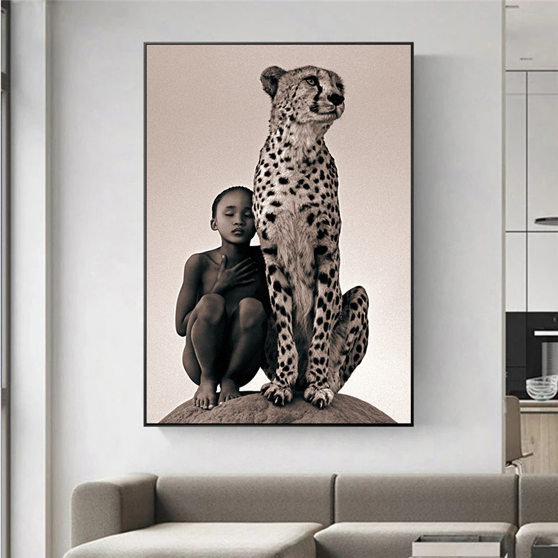 Peinture sur toile avec animaux sauvages africains, garçon et guépard, affiches et impressions modernes, art mural, image pour salon, décoration d'intérieur n° 3