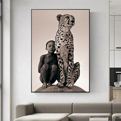 Peinture sur toile avec animaux sauvages africains, garçon et guépard, affiches et impressions modernes, art mural, image pour salon, décoration d'intérieur small picture n° 3