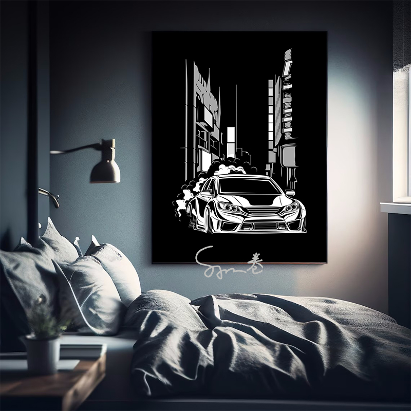 Affiche de toile de manga noir et blanc de voitures de JDM, décoration minimaliste de mur de pièce à la maison, décor d'art de mur de voiture d'horizon, esthétique n° 3