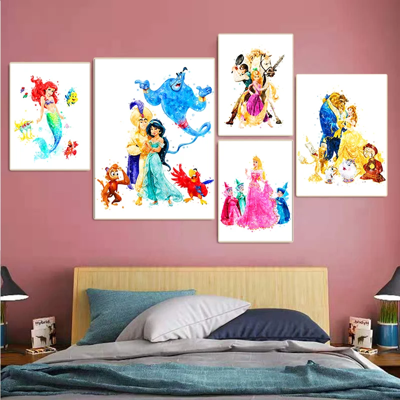 Peinture sur toile de dessin animé Disney, affiches de princesse, reine des neiges, la belle et la bête, impressions d'art mural, photo pour décor de salon n° 3