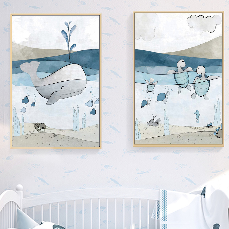 Peinture d'art mural de baleine de mer bleue, tortue, poulpe, affiches et impressions nordiques de dessin animé, photo murale, chambre d'enfant, personnalisé, brodé n° 3