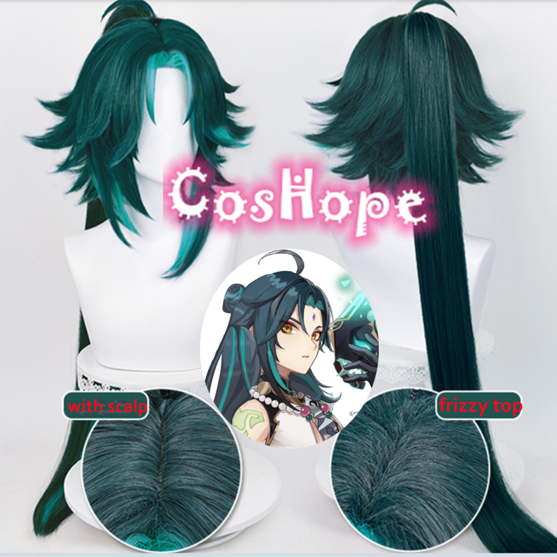 Genshin Impact Xiao Cosplay Perruque, Cheveux Longs, Queue de Cheval, Perruque Mixte Verte, Perruques Anime Cosplay, Perruque Synthétique, Degré de Chaleur, 100cm n° 1