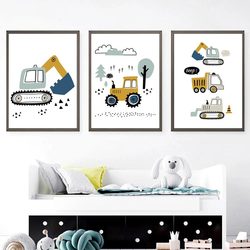 Affiche Murale de Dessin Animé Grue Ebtractor Camion, Peinture sur Toile, Impression Murale Nordique, Décor de Chambre d'Enfant, Garçons small picture n° 3