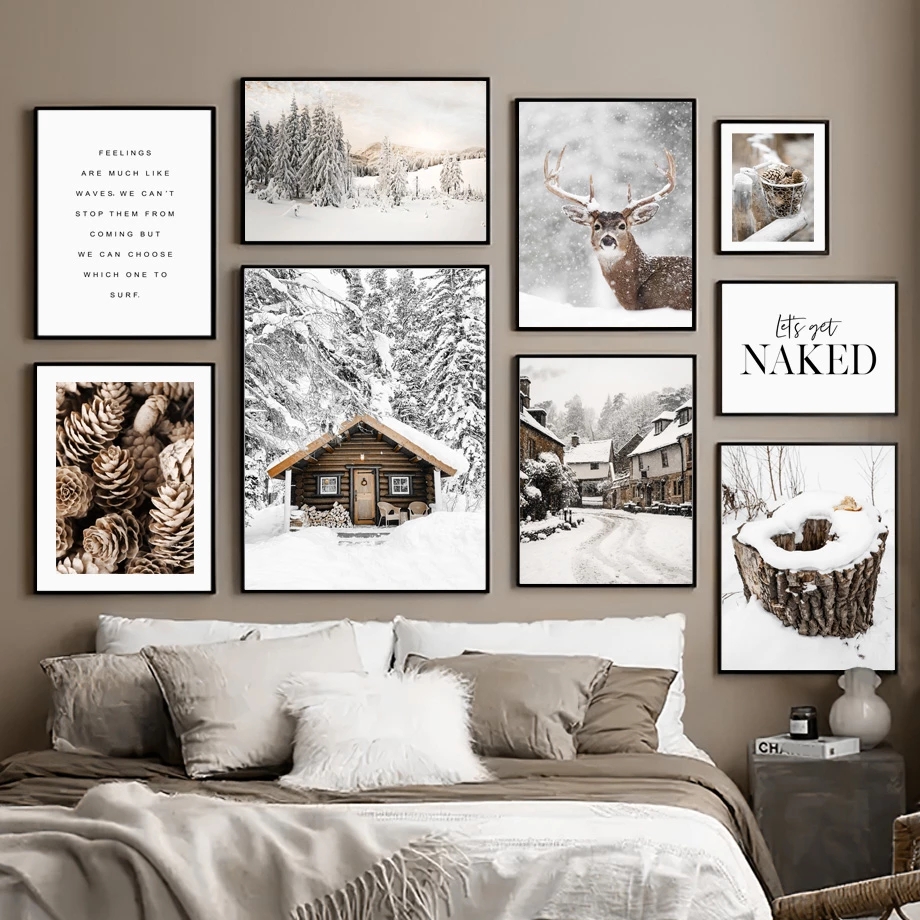 Peinture sur toile de paysage d'hiver pour la décoration intérieure, affiche et impression, art mural, moderne, blanc, neige, wapiti, bois, enrichi, salon n° 1