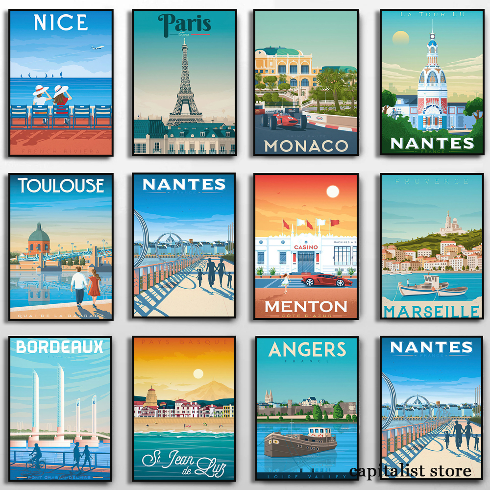 Affiche colorée France Nice Paris Monaco Nantes, voyage, ville, paysage romantique, peinture sur toile, art mural, décoration d'intérieur, cadeau n° 1