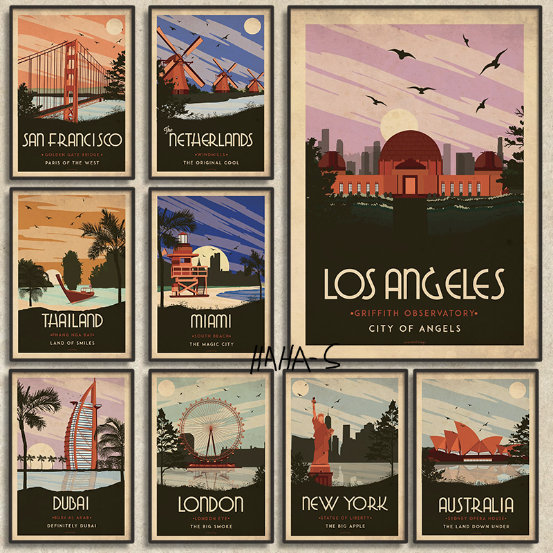 Vintage City Travel Poster Canvas Printing, Landmark importer, Wall Decor, Los Angeles, Dubai, London, Retro Style n° 1