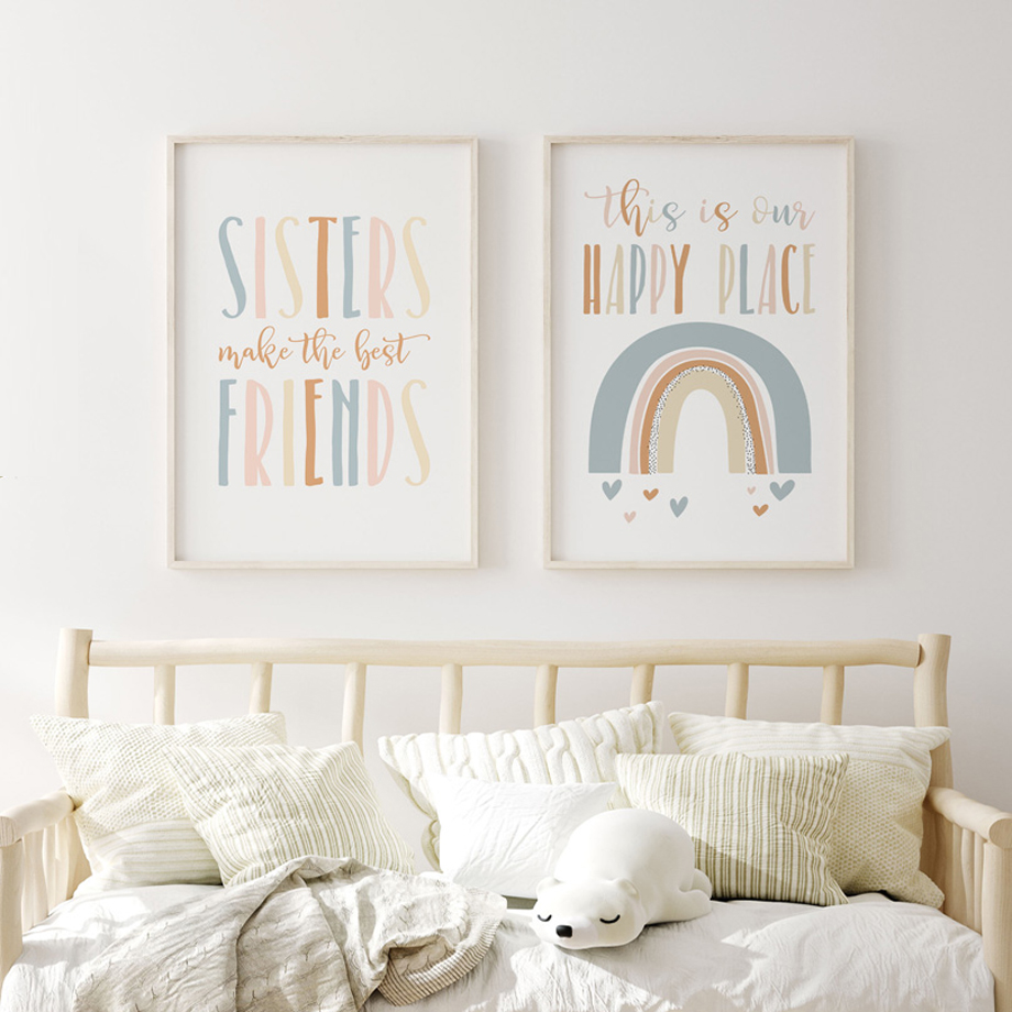 Affiches murales nordiques pour chambre d'enfant, art de dessin animé arc-en-ciel, peinture sur toile, citations de Play 16% Friends, impressions de décoration pour bébé fille n° 4