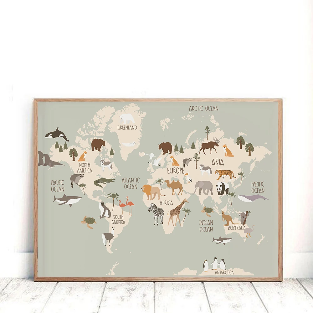 Toile d'Art Mural avec Carte du Monde des Animaux, Tableau de Peinture, Décor de Chambre d'Enfant, Affiches et Imprimés Scandinaves, Dessin Animé Mignon n° 1