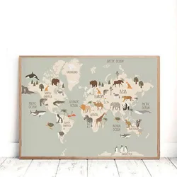 Toile d'Art Mural avec Carte du Monde des Animaux, Tableau de Peinture, Décor de Chambre d'Enfant, Affiches et Imprimés Scandinaves, Dessin Animé Mignon small picture n° 1