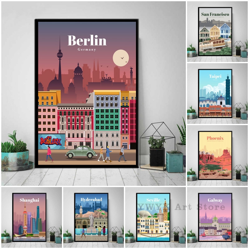 Carte de ville de Berlin, Singapour, Hong Kong, vintage, rétro, voyage classique, toile, affiches de coutumes, art mural, photo pour la maison, salon n° 1