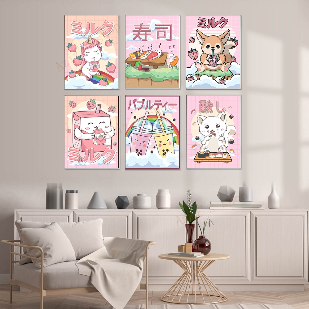 Affiches et impressions sur toile de dessin animé japonais, Ramen, Sushi, thé au lait, Harvey, animaux, personnalisé, décoration de cuisine, Kawaii n° 3