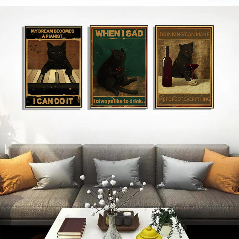 Affiche nostalgique de chat noir en papier kraft, impressions, décor de salon, image de dessin animé, décoration, autocollant mural, peinture de chambre, 2022 arrivées n° 2