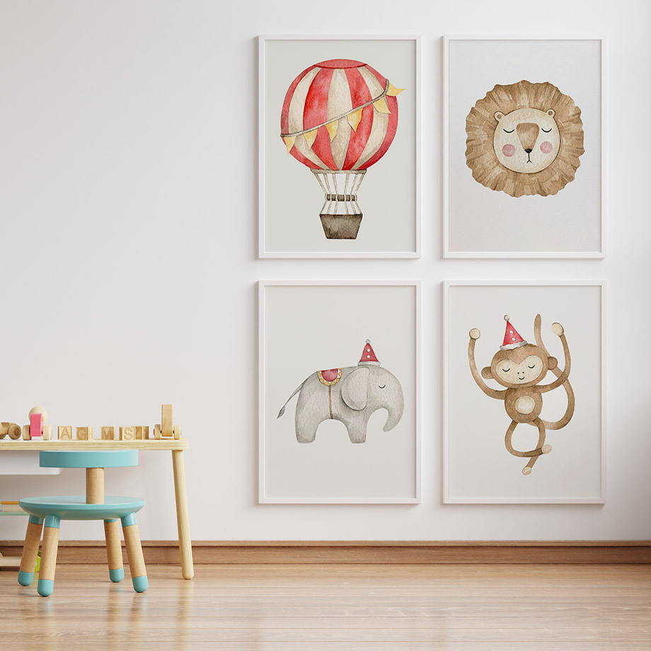 Affiches de ballon éléphant, singe, cheval de Troie, peinture sur toile imprimée, art mural de pépinière d'animaux, décor de chambre d'enfant, bébé, discuter n° 2