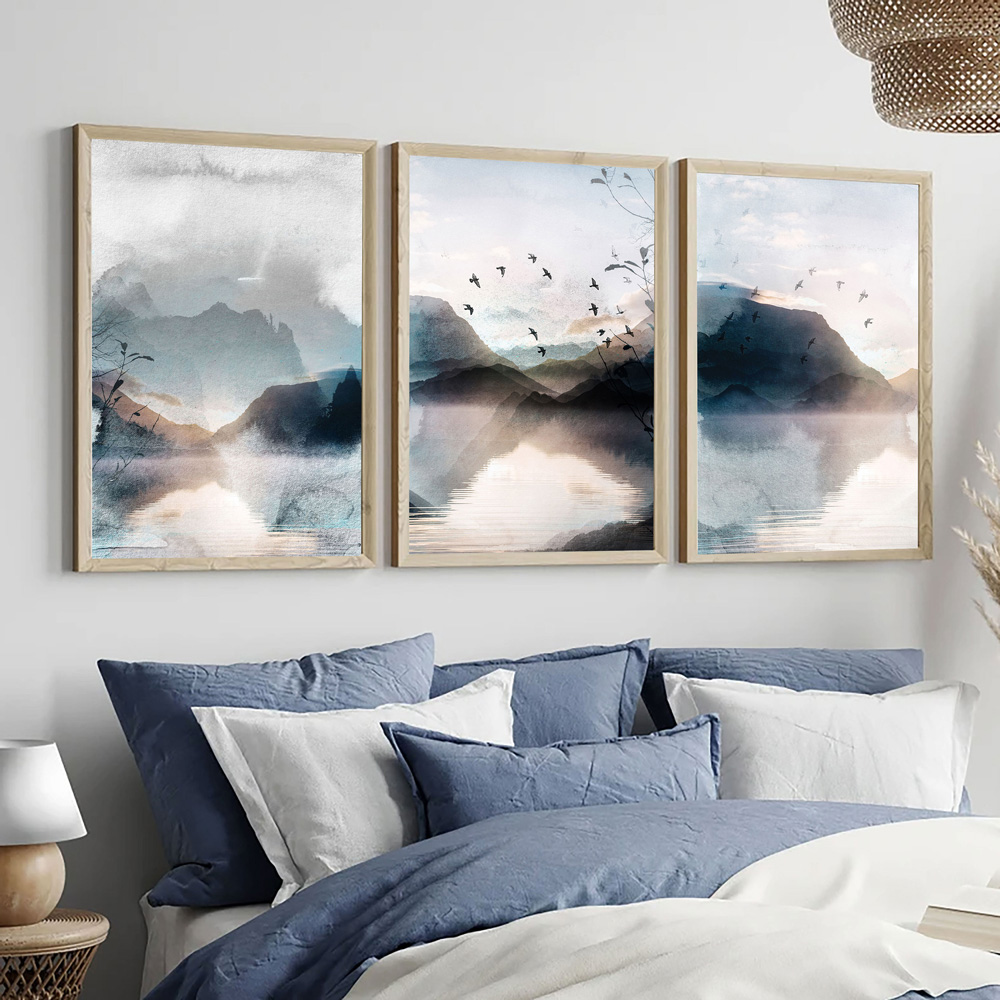 Ensemble de 3 affiches imprimées de paysage abstrait, toile d'art mural, aquarelle, bleu, gris, montagne, image d'oiseaux pour chambre à coucher, décoration d'intérieur n° 1