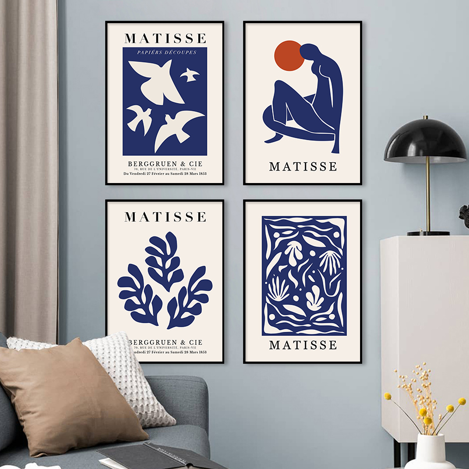 Affiches de peinture sur toile de Matisse, ligne florale abstraite bleue, image imprimée d'art mural, photo pour chambre à coucher, décoration intérieure de la maison, exposition n° 2