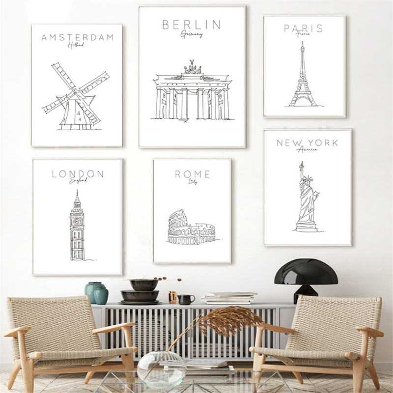 World City London New York Paris Line Drawing Poster, Nordic Art Print, Black White Painting Canvas, Minimalist Picture, Home Decor n° 2