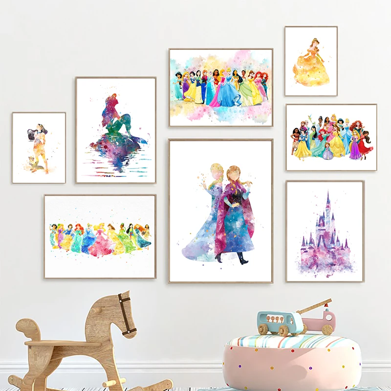 Disney-Affiche d'art de princesse d'interconnexion, peinture sur toile de fête de princesse, peinture de cendrillon, décor de chambre de filles, peinture murale de gérer Elsa Pepper n° 1